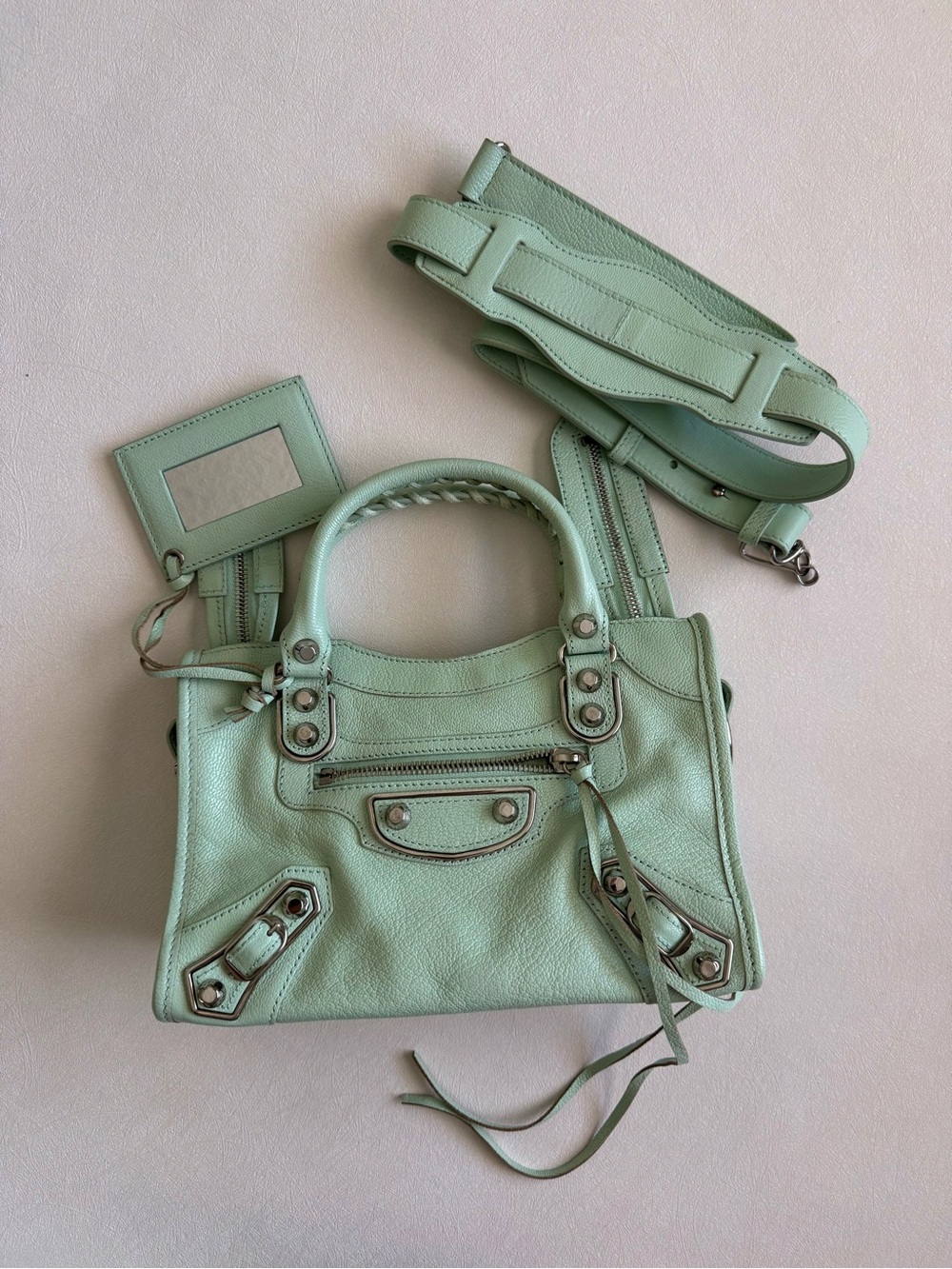 Balenciaga Mint Green Leather City Bag w Strap